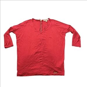 Michael Kors Womens Red Lightweight Long Sleeve Back Zip V Neck T Shirt Sz Small
